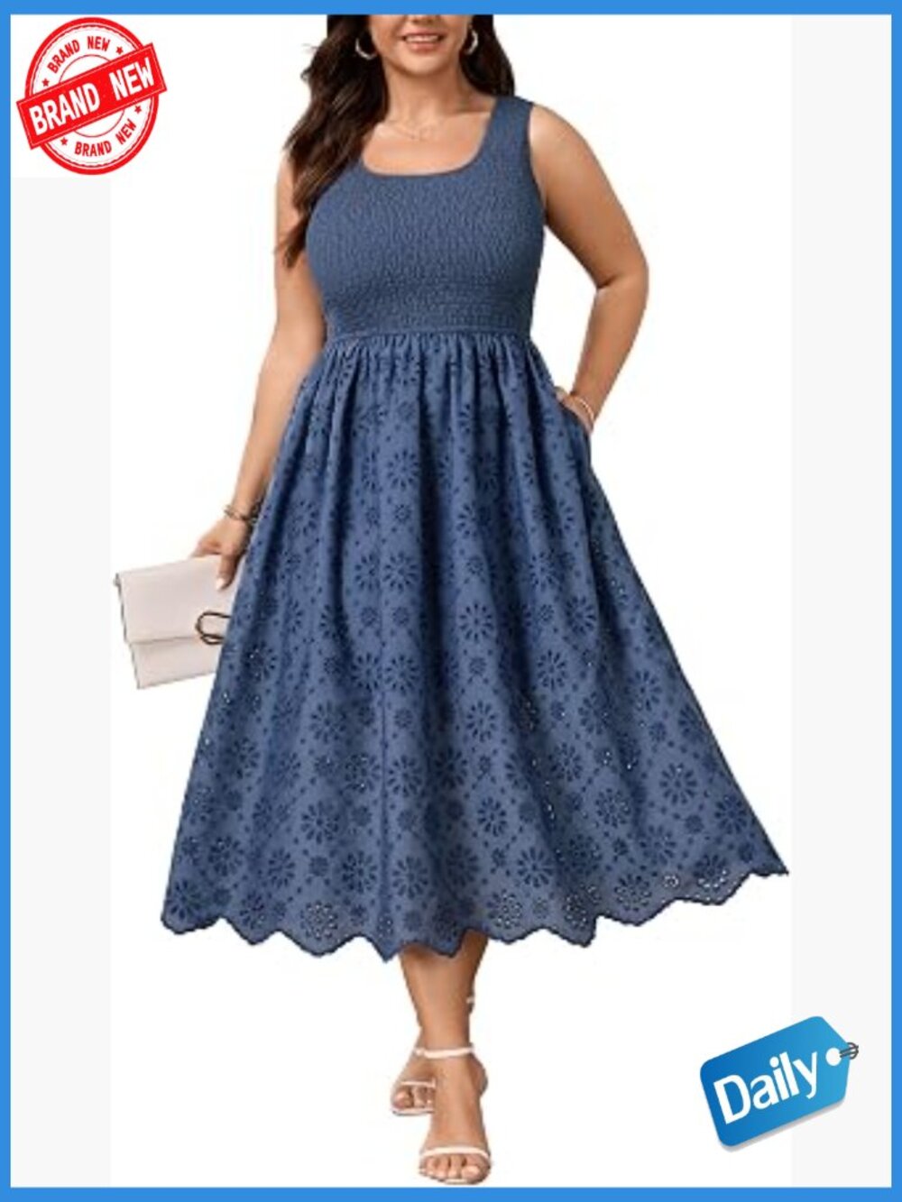 Plus Size Smocked Eyelet Sleeveless Maxi Dress with Pockets